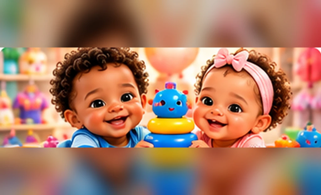 Two smiling 3D animated-style babies with different skin tones playing with stacking toys