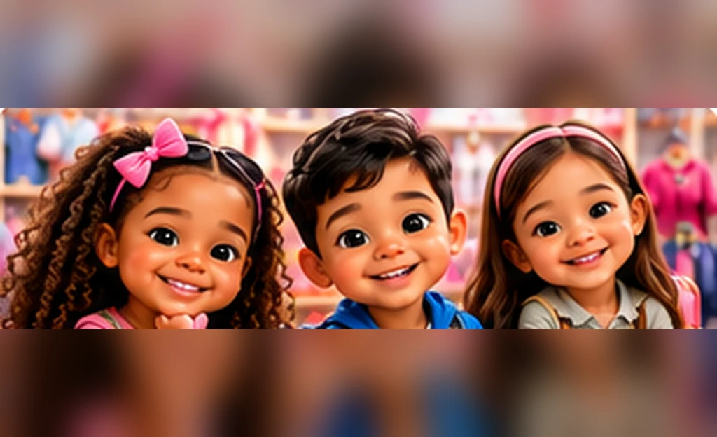 Three 3D animated-style children with varied skin tones and hairstyles smiling together