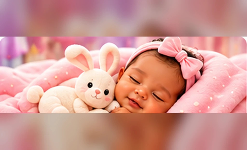 3D animated-style sleeping newborn with a pink bow and cuddly bunny in a cozy nursery